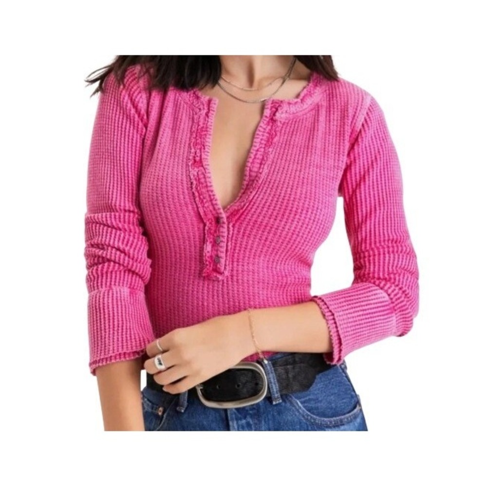 Free People One Womens M Colt Pink Waffle Knit Long Sleeve Henley NWT